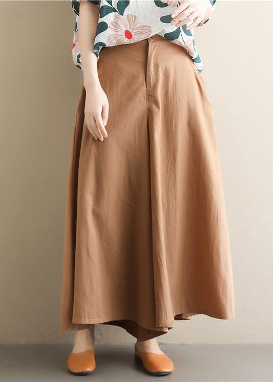 Women's simple retro solid color elastic waist casual khaki wide leg culottes - SooLinen