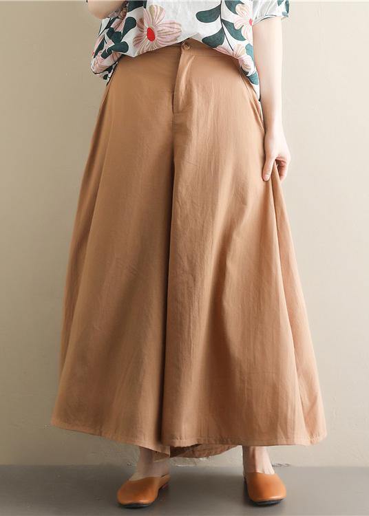 Women's simple retro solid color elastic waist casual khaki wide leg culottes - SooLinen