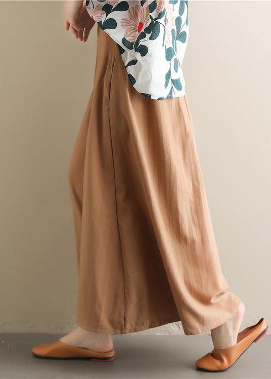 Women's simple retro solid color elastic waist casual khaki wide leg culottes - SooLinen