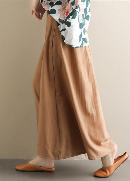 Women's simple retro solid color elastic waist casual khaki wide leg culottes - SooLinen