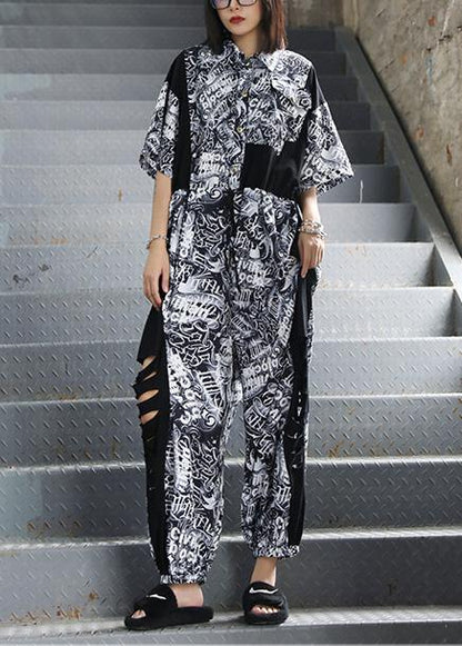 Women's summer high waist temperament fashion black print 2021 new one-piece jumpsuit - SooLinen
