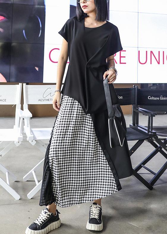 Women's summer mid-length a-line skirt high waist fashion black stitching chiffon plaid skirt - SooLinen