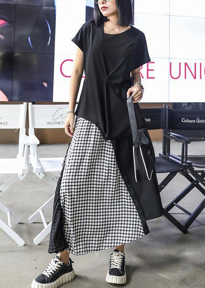 Women's summer mid-length a-line skirt high waist fashion black stitching chiffon plaid skirt - SooLinen