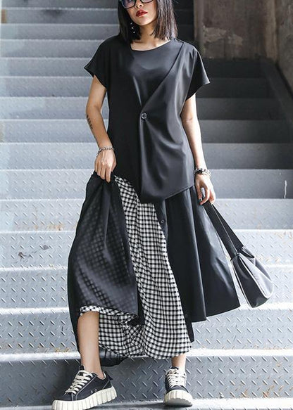 Women's summer mid-length a-line skirt high waist fashion black stitching chiffon plaid skirt - SooLinen