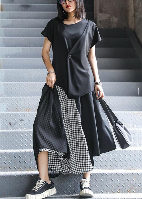 Women's summer mid-length a-line skirt high waist fashion black stitching chiffon plaid skirt - SooLinen
