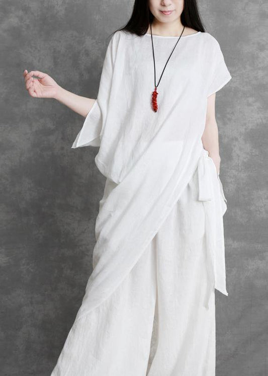 Women's summer white irregular top and loose slacks - SooLinen