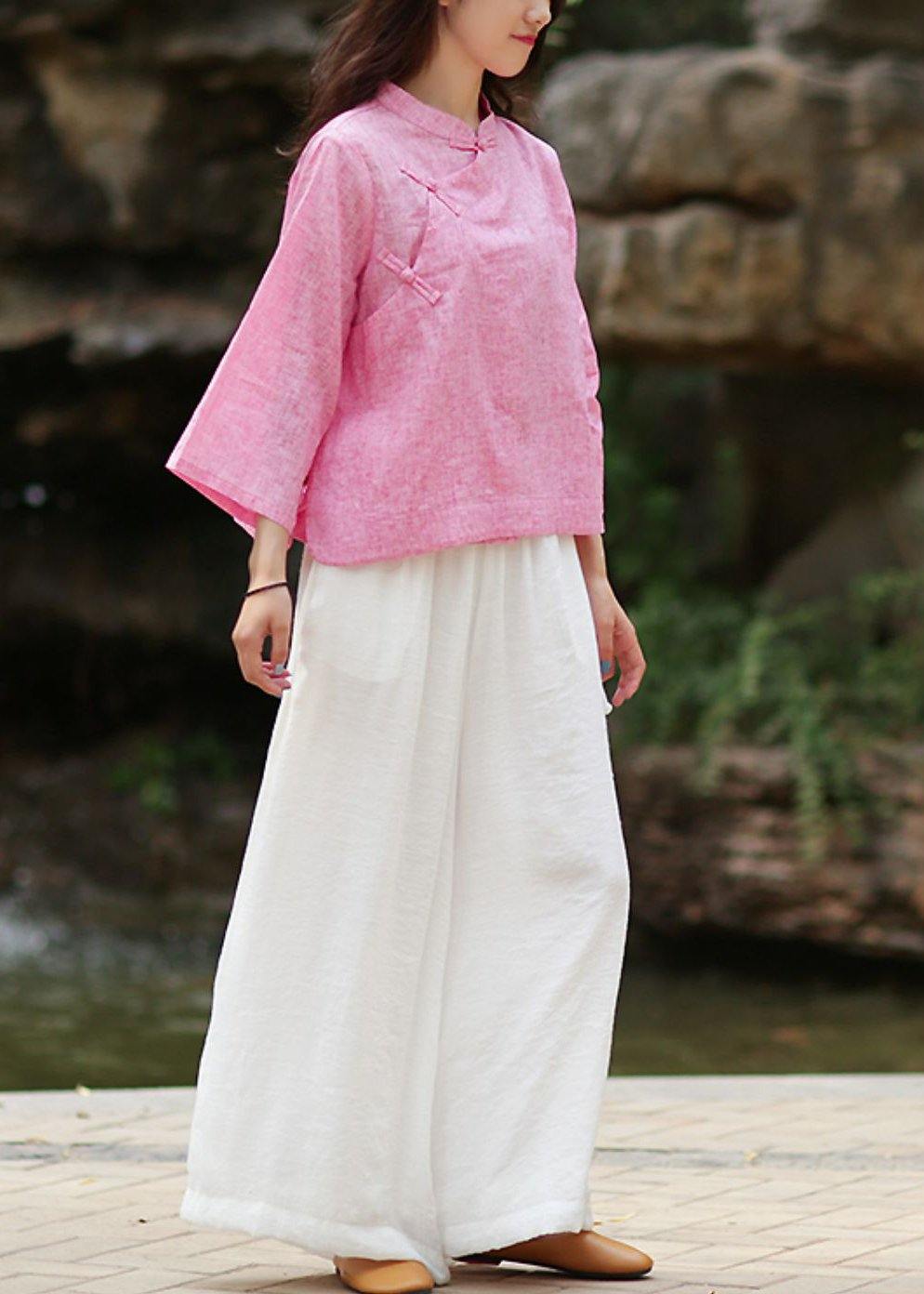 Women's trousers elastic waist tie Tencel cotton loose retro trousers - SooLinen