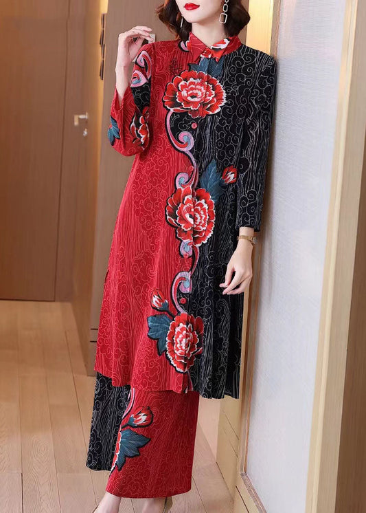 Women's retro long green printed cardigan shirt jacket wide leg pants two-piece suit