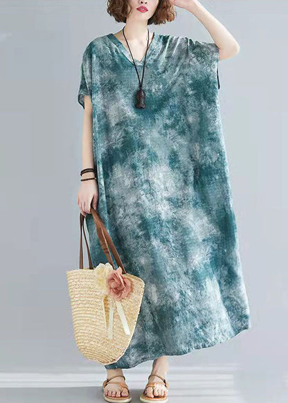 Damen V-Ausschnitt Baumwolle Tunika Top Shape grüne Drucke Kleider Sommer