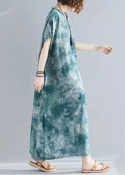 Damen V-Ausschnitt Baumwolle Tunika Top Shape grüne Drucke Kleider Sommer