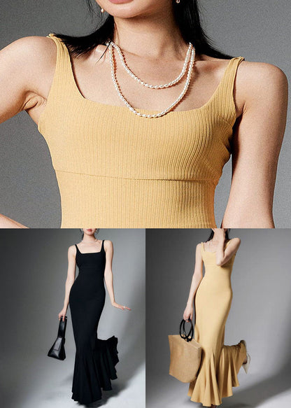 Yellow Backless Solid Cotton Spaghetti Strap Dress High Waist Sleeveless