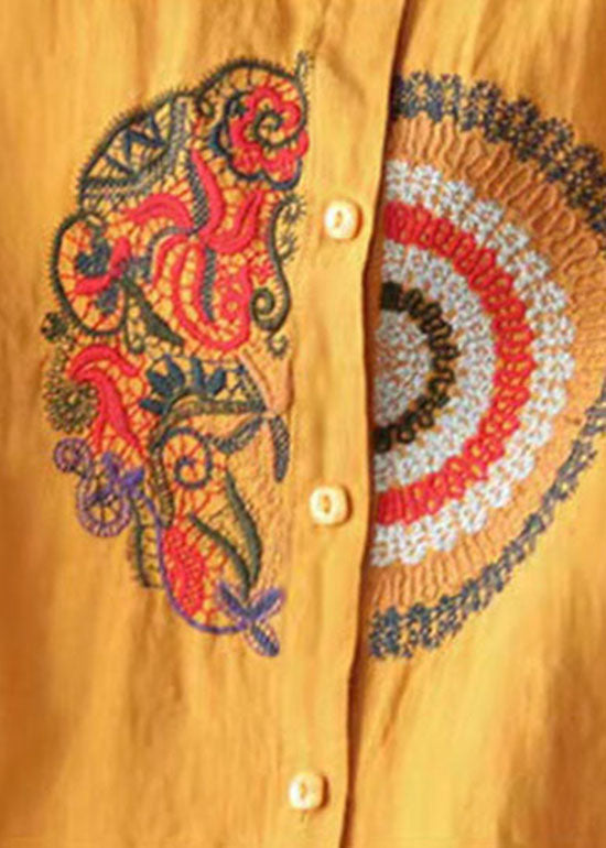 Gelbe Taste Casual Leinen Hemd Tops Stehkragen Langarm