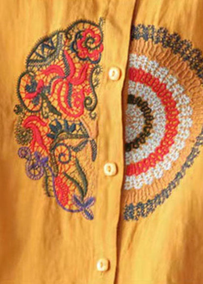 Gelbe Taste Casual Leinen Hemd Tops Stehkragen Langarm