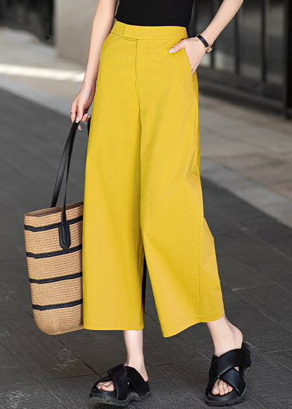 Yellow Button Pockets Solid Cotton Summer Crop Pants High Waist