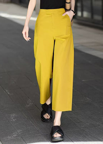 Yellow Button Pockets Solid Cotton Summer Crop Pants High Waist