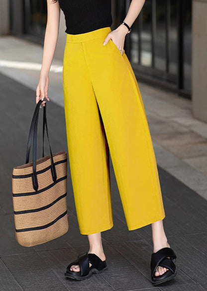 Yellow Button Pockets Solid Cotton Summer Crop Pants High Waist