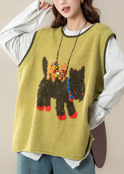 Chaleco de punto de algodón acogedor sin mangas con estampado de dibujos animados amarillo