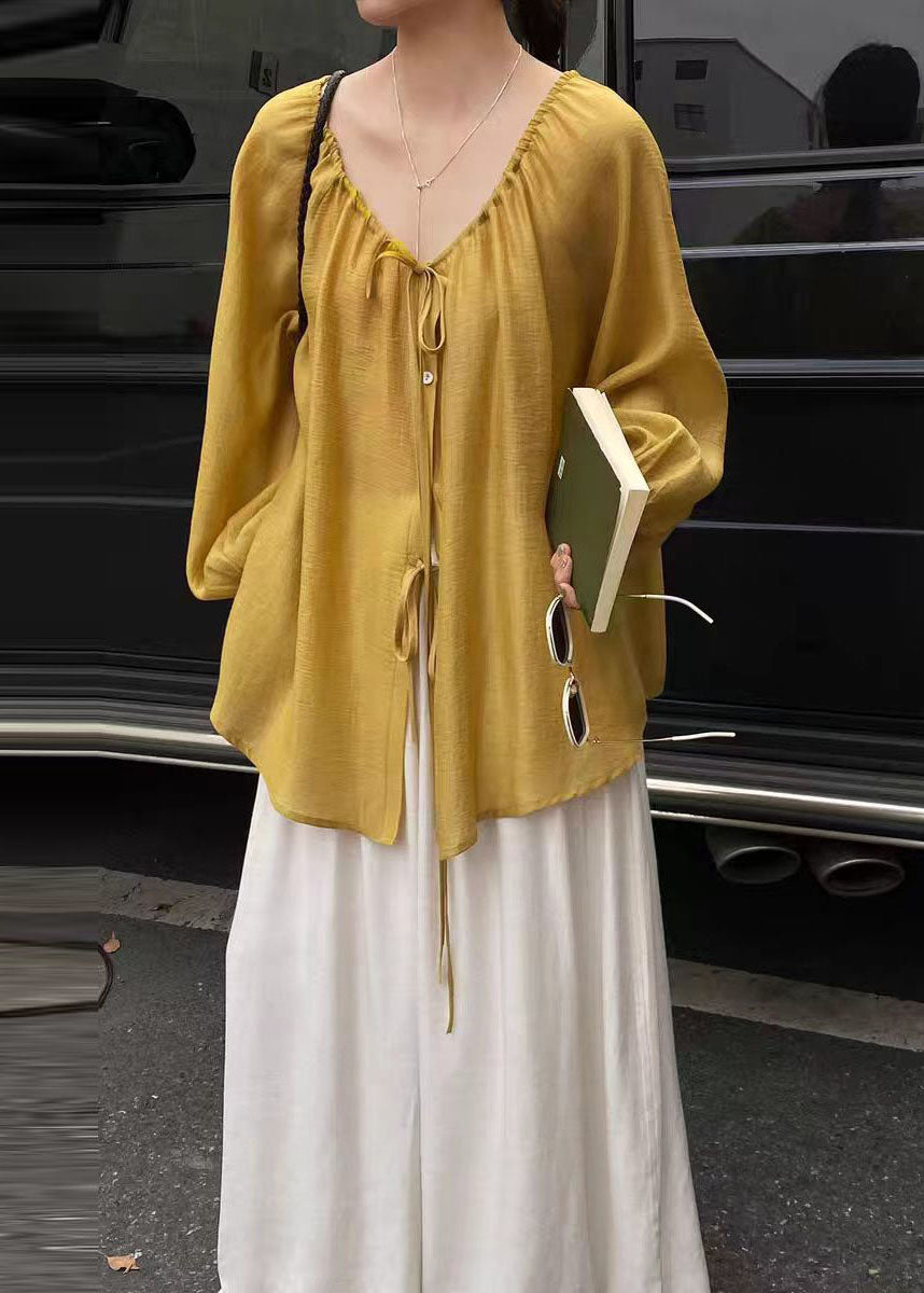 Yellow Cotton UPF 50+ Shirt Top Oversized Lace Up Summer