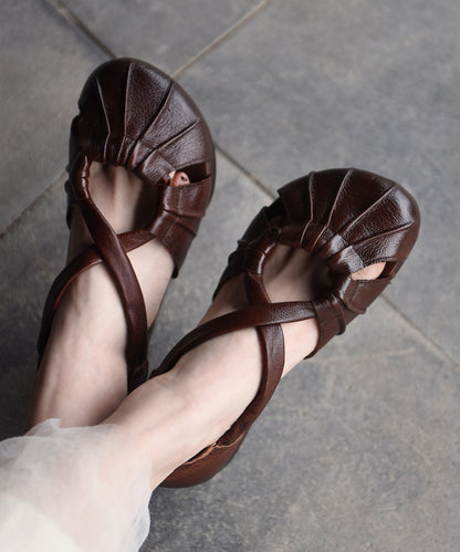 Yellow Cowhide Leather Splicing Hollow Out Walking Sandals