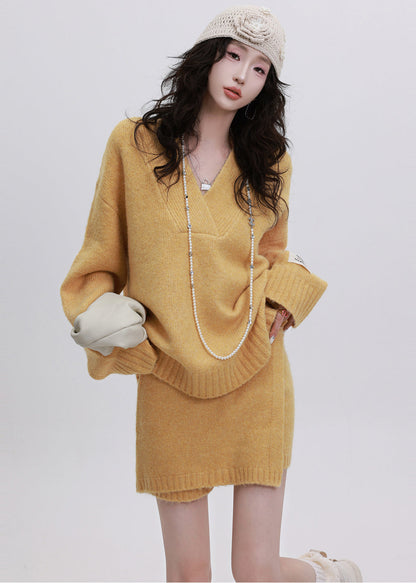 Yellow Cozy Knit Two Piece Set Women Clothing Asymmetrical Design Winter