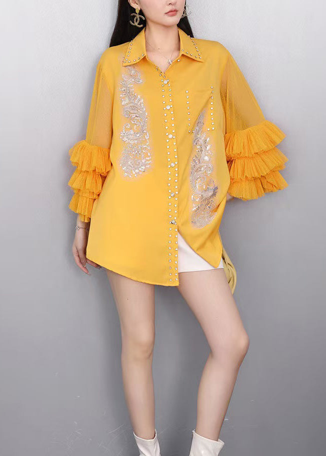 Yellow Draping Chiffon Blouses Embroidered Bracelet Sleeve