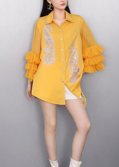 Yellow Draping Chiffon Blouses Embroidered Bracelet Sleeve