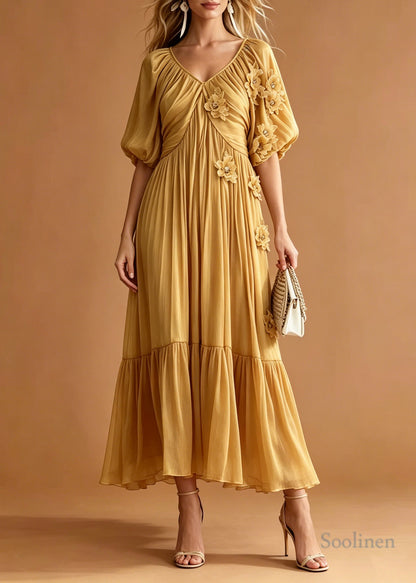 Yellow Floral Chiffon Holiday Dress Embroidered Wrinkled Summer