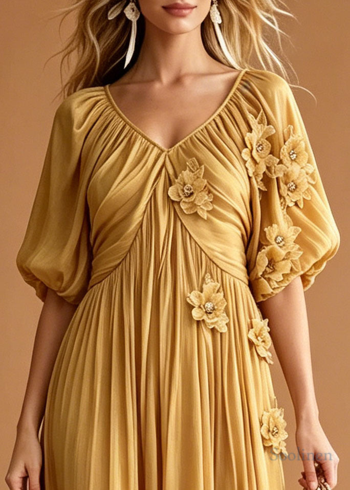 Yellow Floral Chiffon Holiday Dress Embroidered Wrinkled Summer