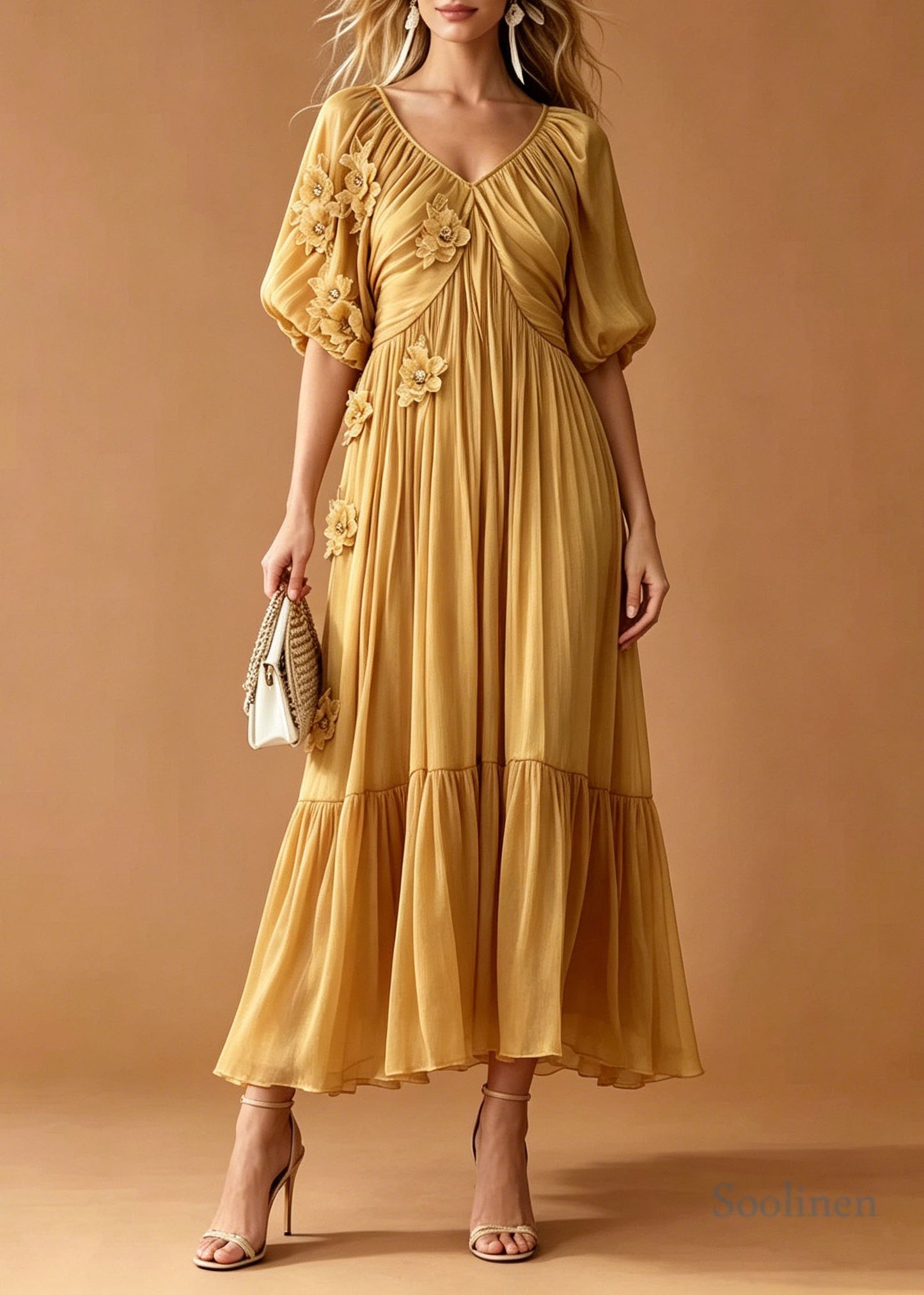 Yellow Floral Chiffon Holiday Dress Embroidered Wrinkled Summer