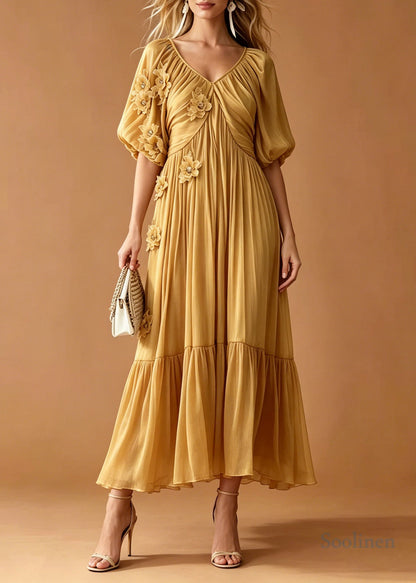 Yellow Floral Chiffon Holiday Dress Embroidered Wrinkled Summer