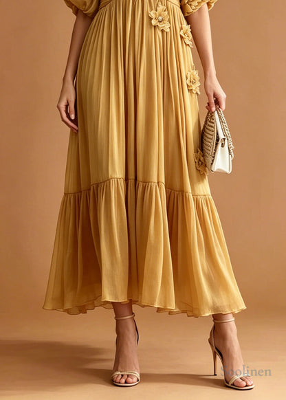 Yellow Floral Chiffon Holiday Dress Embroidered Wrinkled Summer