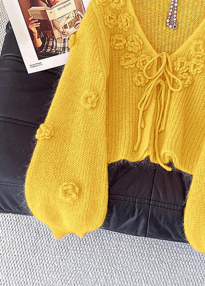 Yellow Floral Lace Up Knit Cardigan V Neck Fall
