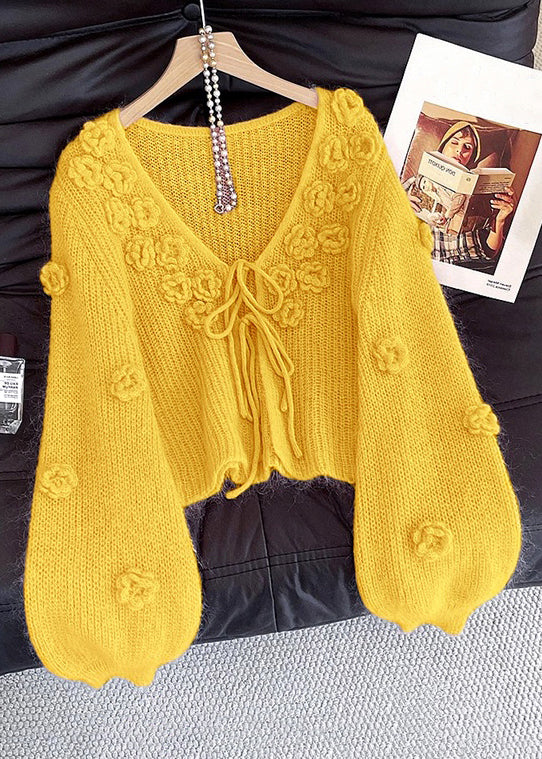 Yellow Floral Lace Up Knit Cardigan V Neck Fall