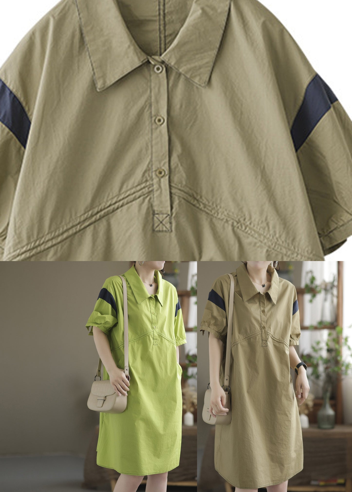 Gelbgrünes Baumwollkleid mit Peter-Pan-Kragen und kurzen Ärmeln