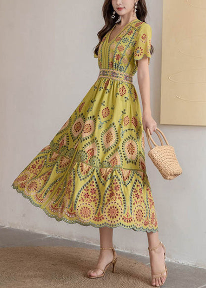Yellow Hollow Out High Waist Cotton Summer Long Dress V Neck