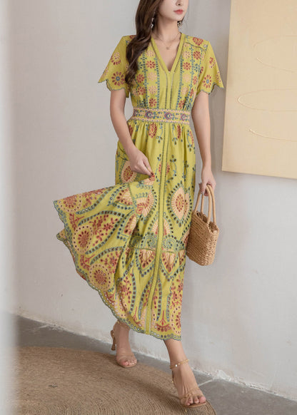 Yellow Hollow Out High Waist Cotton Summer Long Dress V Neck
