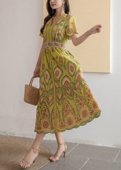 Yellow Hollow Out High Waist Cotton Summer Long Dress V Neck