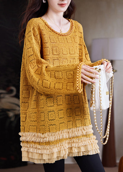 Yellow Hollow Out Knit Long Sweaters Ruffled Nail Bead Fall