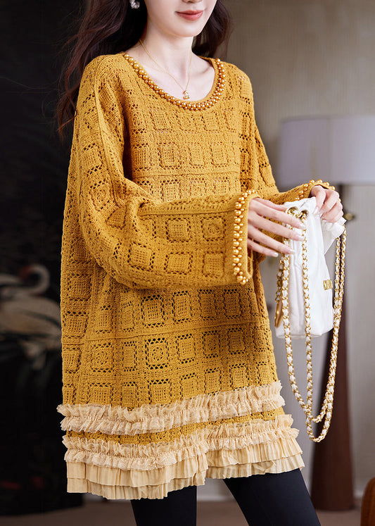 Yellow Hollow Out Knit Long Sweaters Ruffled Nail Bead Fall