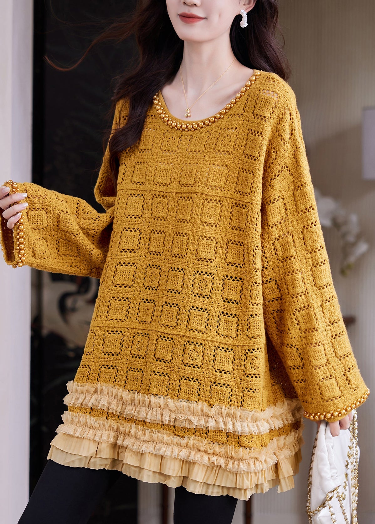 Yellow Hollow Out Knit Long Sweaters Ruffled Nail Bead Fall