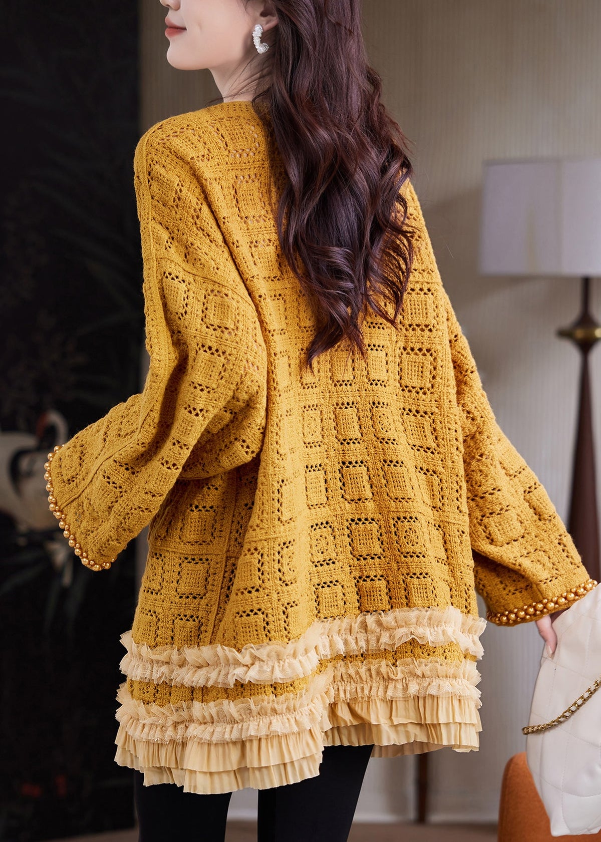 Yellow Hollow Out Knit Long Sweaters Ruffled Nail Bead Fall