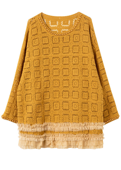 Yellow Hollow Out Knit Long Sweaters Ruffled Nail Bead Fall