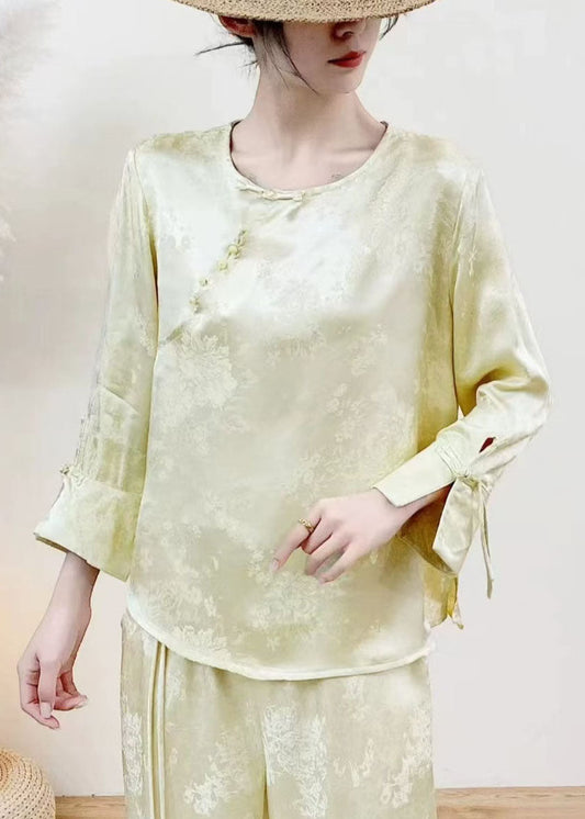 Yellow Jacquard Silk Oriental Tops Chinese Button Spring