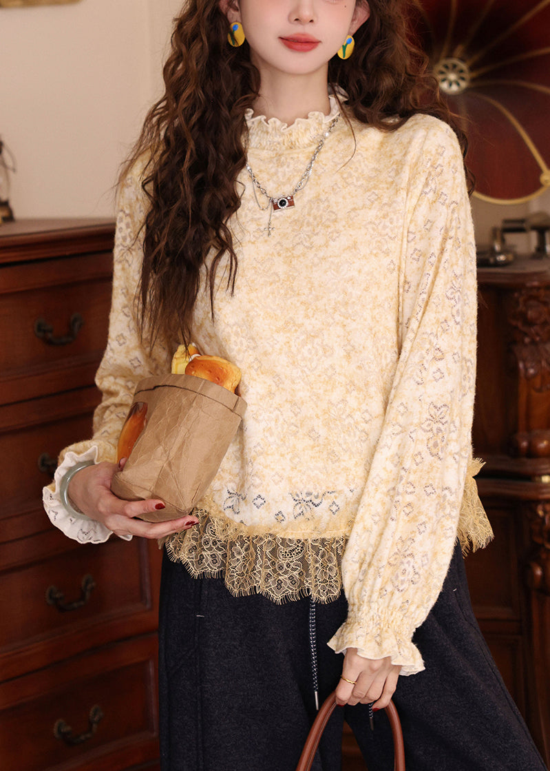 Yellow Lace Patchwork Thin Knit T Shirts Hollow Out Petal Sleeve