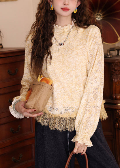 Yellow Lace Patchwork Thin Knit T Shirts Hollow Out Petal Sleeve