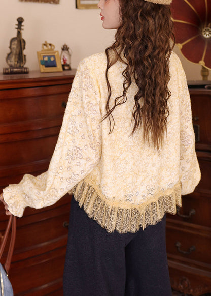 Yellow Lace Patchwork Thin Knit T Shirts Hollow Out Petal Sleeve