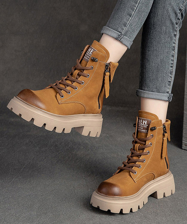 Yellow Lace Up Splicing Cowhide Leather Platform Boots