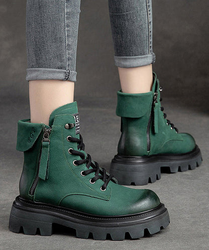 Yellow Lace Up Splicing Cowhide Leather Platform Boots