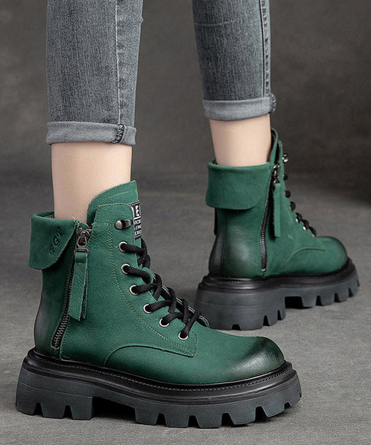 Yellow Lace Up Splicing Cowhide Leather Platform Boots