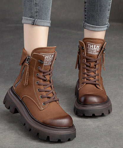 Yellow Lace Up Splicing Cowhide Leather Platform Boots